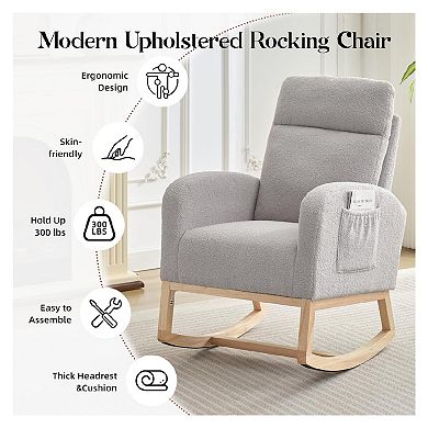 Nursery Rocking Chair, Upholstered Glider Rocker with Side Pocket & High Backrest