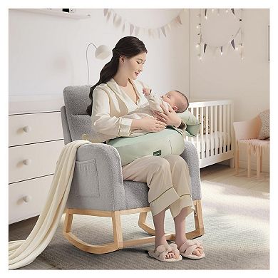 Nursery Rocking Chair, Upholstered Glider Rocker with Side Pocket & High Backrest