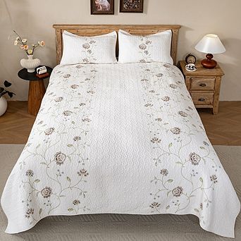 Striped Floral Embroidered Cotton Quilt Set, Soft&Lightweight, Prewashed Bedding