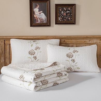 Striped Floral Embroidered Cotton Quilt Set, Soft&Lightweight, Prewashed Bedding