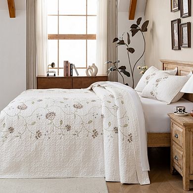 Striped Floral Embroidered Cotton Quilt Set, Soft&Lightweight, Prewashed Bedding