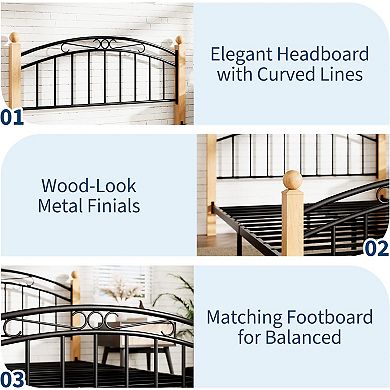 Wooden Slat Platform Bed Frame with Headboard No Box Spring Needed, Noise-Free, Underbed Storage