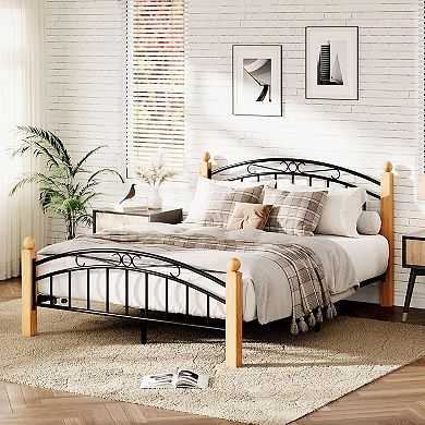Wooden Slat Platform Bed Frame with Headboard No Box Spring Needed, Noise-Free, Underbed Storage