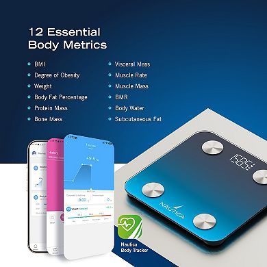 Nautica Body Tracker Smart Scale - 12 Body Metrics, Bluetooth Syncing, iOS & Android Compatible