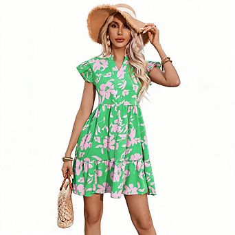 Boho Floral Print Mini Dress for Women V Neck Cap Sleeve Flowy Tiered Casual Date Beach Travel Dress
