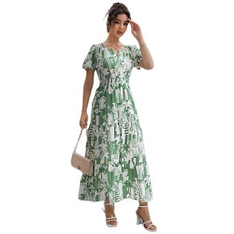 Summer Holiday Maxi Dress Women Tropical Palm Tree Boho Dress V Neck Short Sleeve Flowy Dress Party