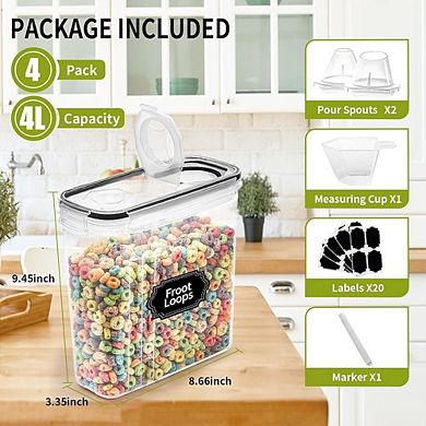 4-Pack 4L Airtight Cereal Containers with Pour Spout & Labels