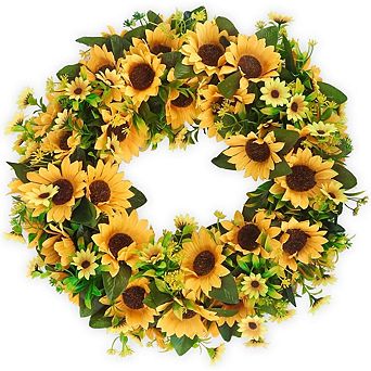 20 Inch Artificial Sunflower Wreath with Green Leaves for Front Door Decor