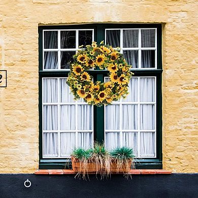 20 Inch Artificial Sunflower Wreath with Green Leaves for Front Door Decor