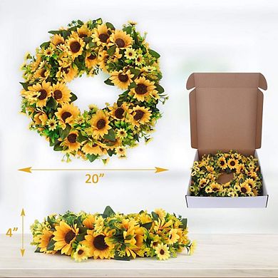 20 Inch Artificial Sunflower Wreath with Green Leaves for Front Door Decor