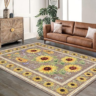 Sunflowers Area Rugs,Boho Floral Botanical Yellow Rug Soft Non-Slip Thin Carpet Modern Abstract Rugs