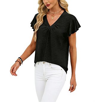 Women's Casual Blouse V Neck Ruffle Short Sleeve Summer Top Loose Fit Beach Shirt