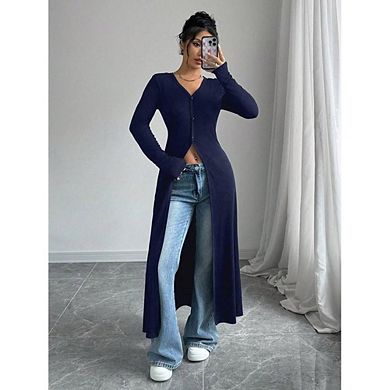 Women's V Neck Button Down Long Cardigan Long Sleeve Ribbed Knit Slit Sweater Casual Going Out Tops