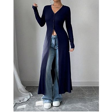 Women's V Neck Button Down Long Cardigan Long Sleeve Ribbed Knit Slit Sweater Casual Going Out Tops