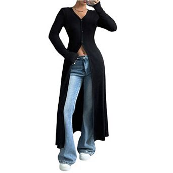 Women's V Neck Button Down Long Cardigan Long Sleeve Ribbed Knit Slit Sweater Casual Going Out Tops