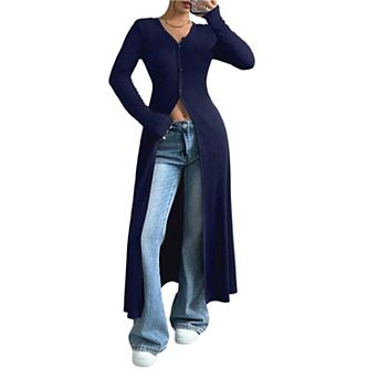 Women's V Neck Button Down Long Cardigan Long Sleeve Ribbed Knit Slit Sweater Casual Going Out Tops