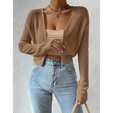 Women's Scoop Neck Long Sleeve Button Front Cropped Cardigan Knit Sweater