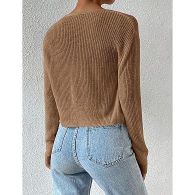 Women's Scoop Neck Long Sleeve Button Front Cropped Cardigan Knit Sweater