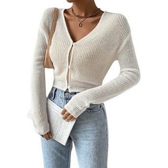 Women's Scoop Neck Long Sleeve Button Front Cropped Cardigan Knit Sweater