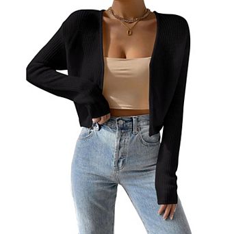 Women's Scoop Neck Long Sleeve Button Front Cropped Cardigan Knit Sweater