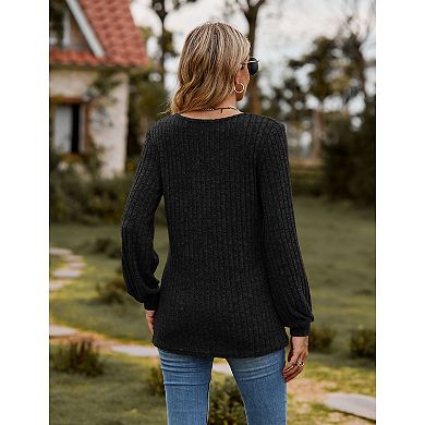 Womens Lightweight Pullover Sweaters Long Lantern Sleeve Crew Neck Knitted Henley Shirts