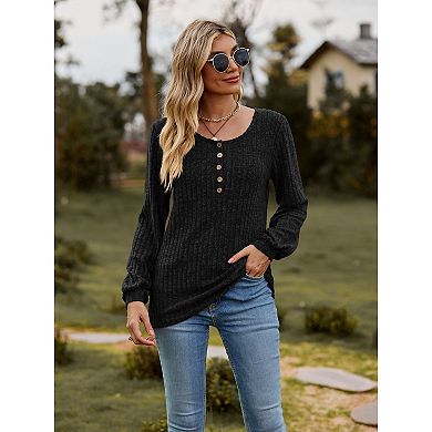 Womens Lightweight Pullover Sweaters Long Lantern Sleeve Crew Neck Knitted Henley Shirts
