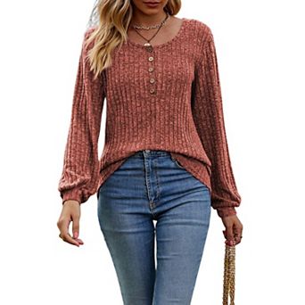 Womens Lightweight Pullover Sweaters Long Lantern Sleeve Crew Neck Knitted Henley Shirts