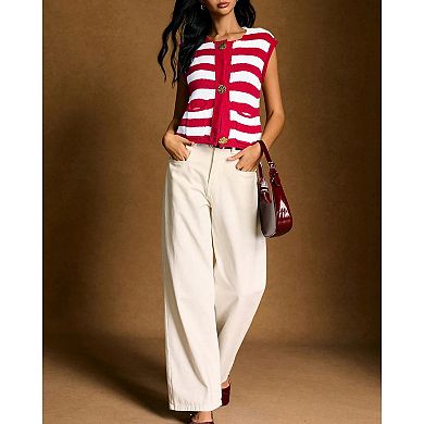 Women Striped Sweater Vest Button Up V Neck Sleeveless with Pockets Knit Vest