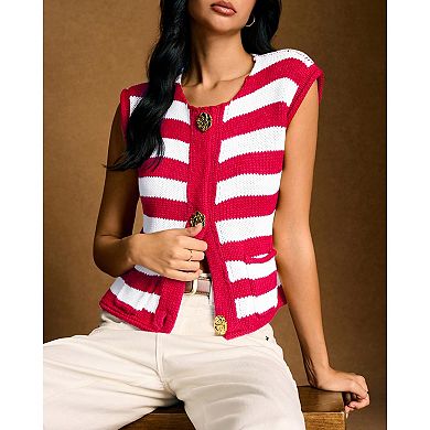 Women Striped Sweater Vest Button Up V Neck Sleeveless with Pockets Knit Vest