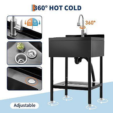 NSF Stainless Steel Utility Sink, Single Bowl w/Hot/Cold Faucet, Shelf, S-Hooks & Drain Basket
