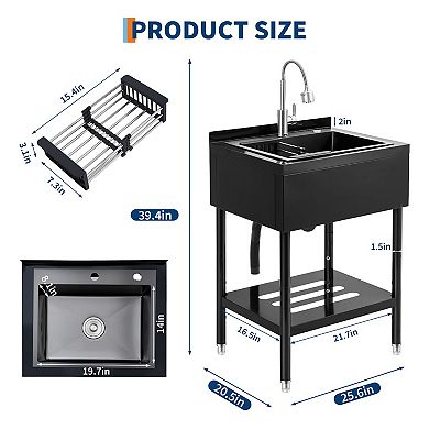NSF Stainless Steel Utility Sink, Single Bowl w/Hot/Cold Faucet, Shelf, S-Hooks & Drain Basket