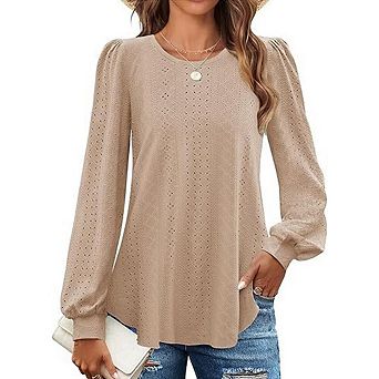 Long Sleeve Textured Tops for Womens Crew Neck Spring Shirts Casual Loose Fall Blouses Clothes