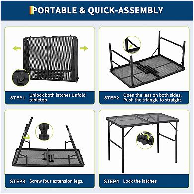 Folding Grill Table, Portable Camping Table with Mesh Desktop, Metal Grill Table