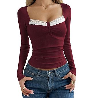 Women's Y2K Long Sleeve Button Ruched Lace Trim T Shirt Square Neck Slim Fit Henley Tee Crop Top