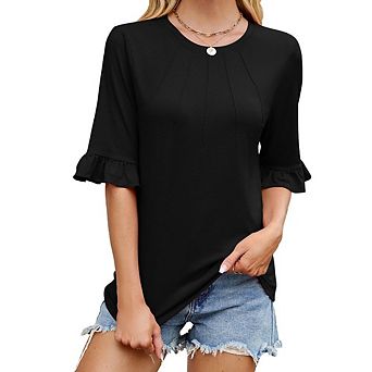 Blouses for Women Elbow Sleeve Tops Causal Elegant Smocked Ruff Loose Fit Summer Tops