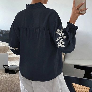 Women Boho Embroidered Blouse Bishop Sleeve Button-Down Shirt