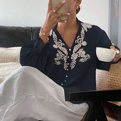 Women Boho Embroidered Blouse Bishop Sleeve Button-Down Shirt