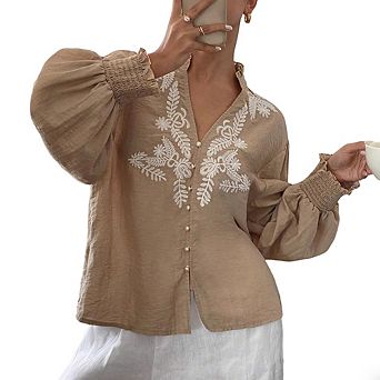 Women Boho Embroidered Blouse Bishop Sleeve Button-Down Shirt