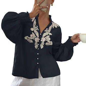 Women Boho Embroidered Blouse Bishop Sleeve Button-Down Shirt