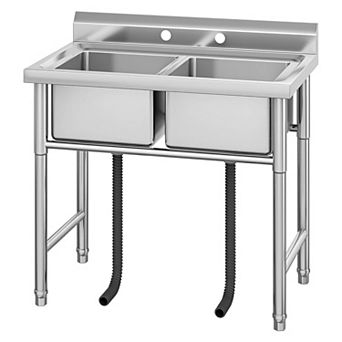 Freestanding Stainless Steel Utility Sink, Commercial Double Bowl Prep Sink with Backsplash