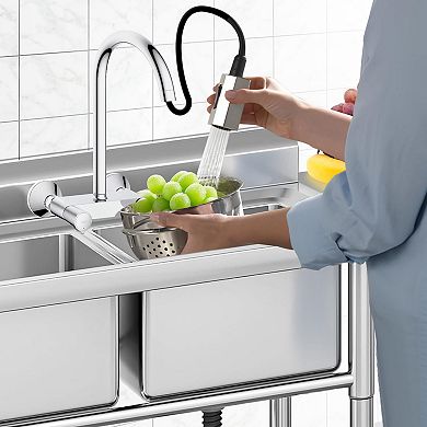 Freestanding Stainless Steel Utility Sink, Commercial Double Bowl Prep Sink with Backsplash