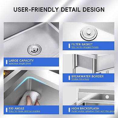 Freestanding Stainless Steel Utility Sink, Commercial Double Bowl Prep Sink with Backsplash