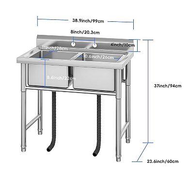 Freestanding Stainless Steel Utility Sink, Commercial Double Bowl Prep Sink with Backsplash