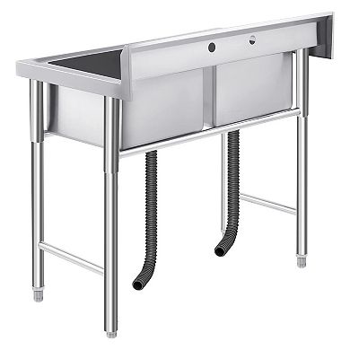 Freestanding Stainless Steel Utility Sink, Commercial Double Bowl Prep Sink with Backsplash