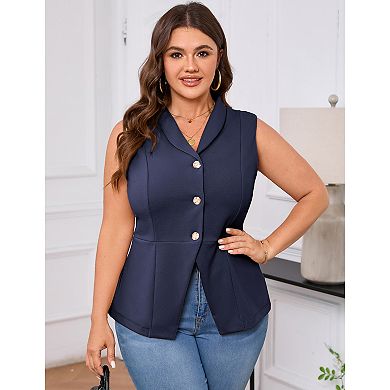 Plus Size Suit Vest Top for Women Sleeveless Business Button Down Blazer