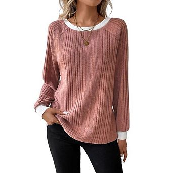Long Sleeve Shirts for Women Lightweight Sweaters Outfits Casual Dressy Color Block Fall Clothing