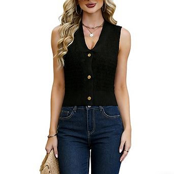 Women's Knit Vest Sleeveless Button Down V Neck Crop Cardigan Casual Loose Fit Knitwear