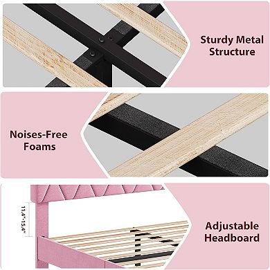 Heavy-Duty Bed Frame with Upholstered Headboard, No Box Spring Needed/Easy Assembly/Noise Free