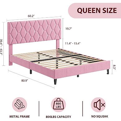 Heavy-Duty Bed Frame with Upholstered Headboard, No Box Spring Needed/Easy Assembly/Noise Free