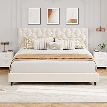 Heavy-Duty Bed Frame with Upholstered Headboard, No Box Spring Needed/Easy Assembly/Noise Free